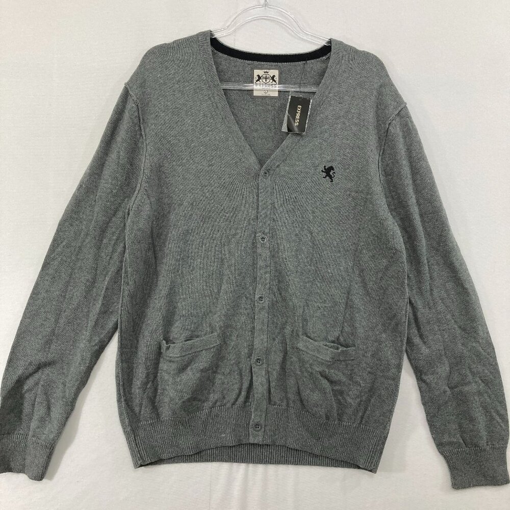 New Express Men's Large Gray Cotton‎ Button Sweater Cardigan Preppy Academia